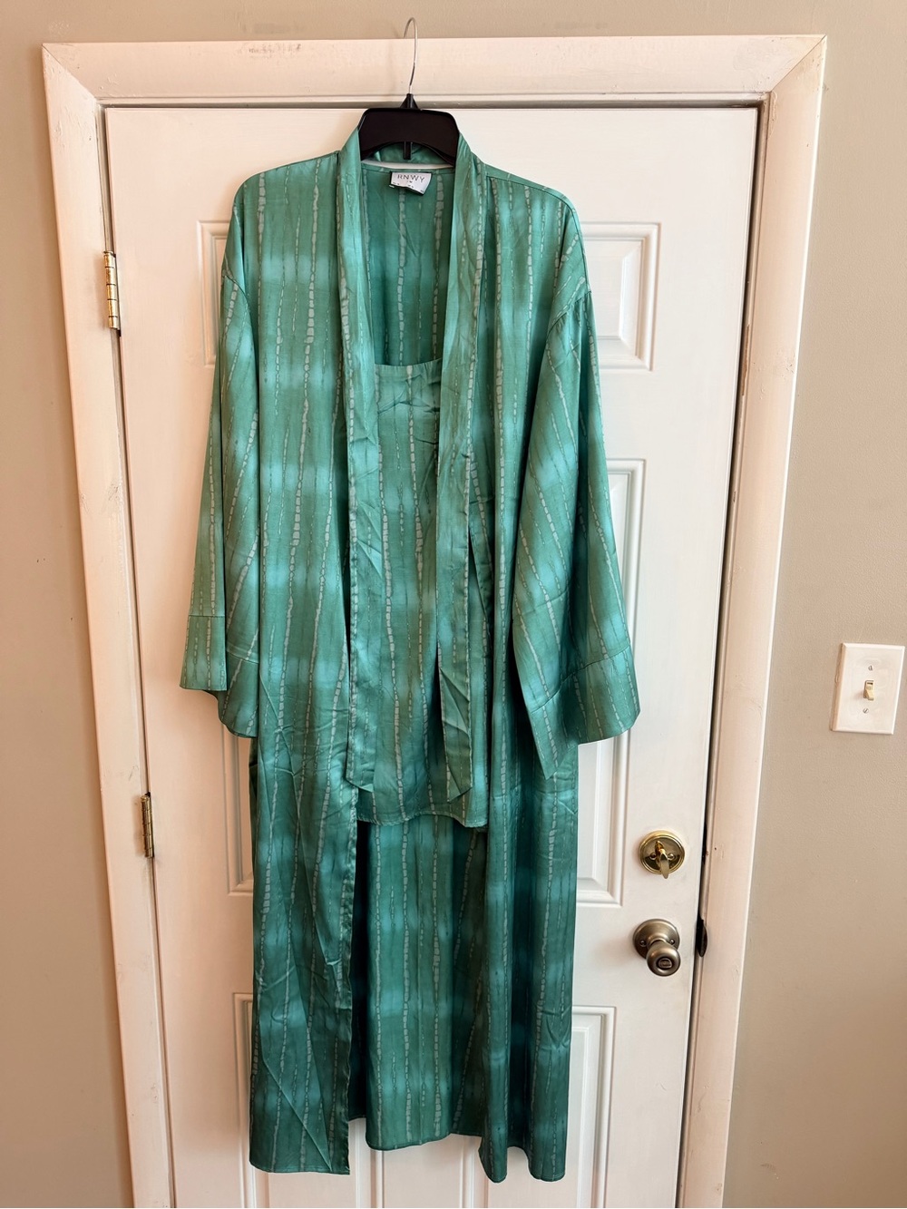 RNWY Green Satin Mini Dress with Matching Kimono+Tie Scarf